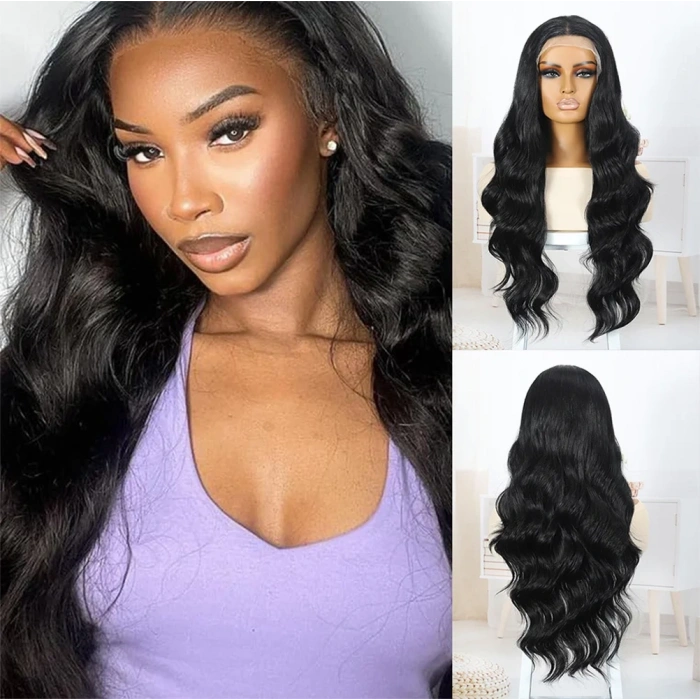 Siyah Fiber Sentetik Su Dalgalı Tül Peruk