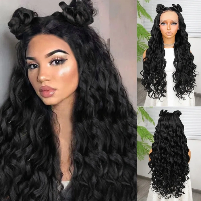 Siyah Fiber Sentetik Yoğun Dalgalı Tül Peruk