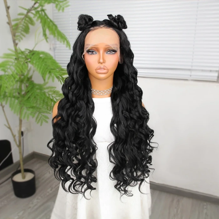 Siyah Fiber Sentetik Yoğun Dalgalı Tül Peruk