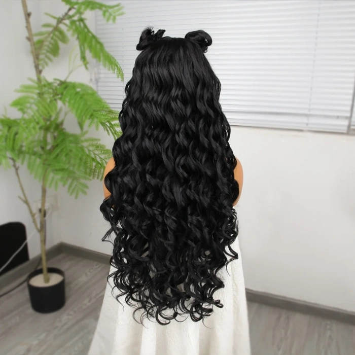 Siyah Fiber Sentetik Yoğun Dalgalı Tül Peruk