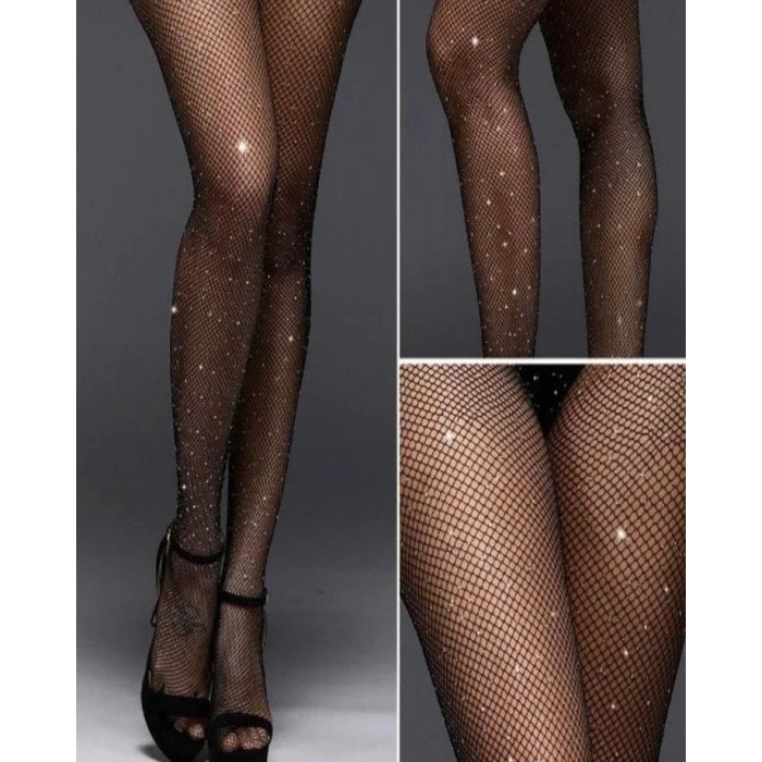 Siyah File Taşlı Çorap