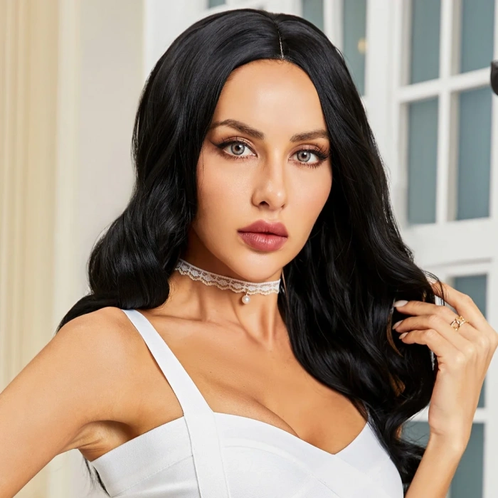 Siyah Geniş Dalgalı Fiber Sentetik Tül Peruk