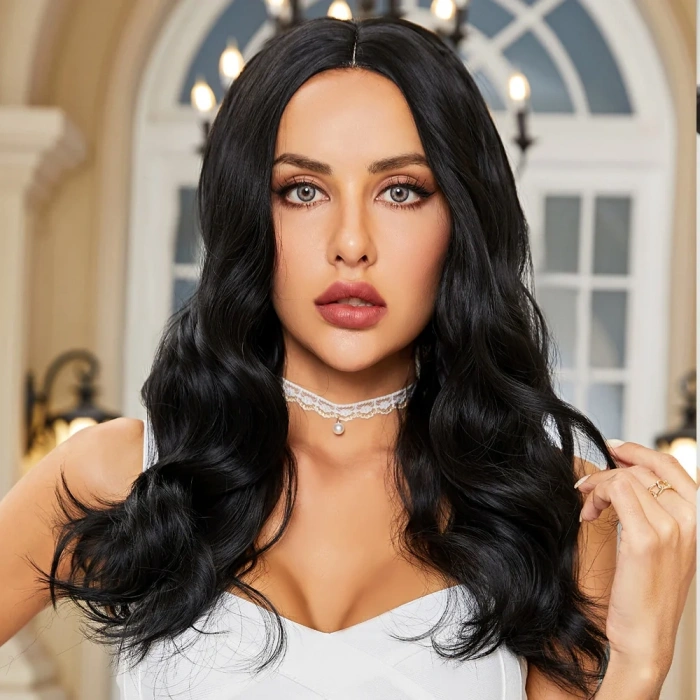 Siyah Geniş Dalgalı Fiber Sentetik Tül Peruk