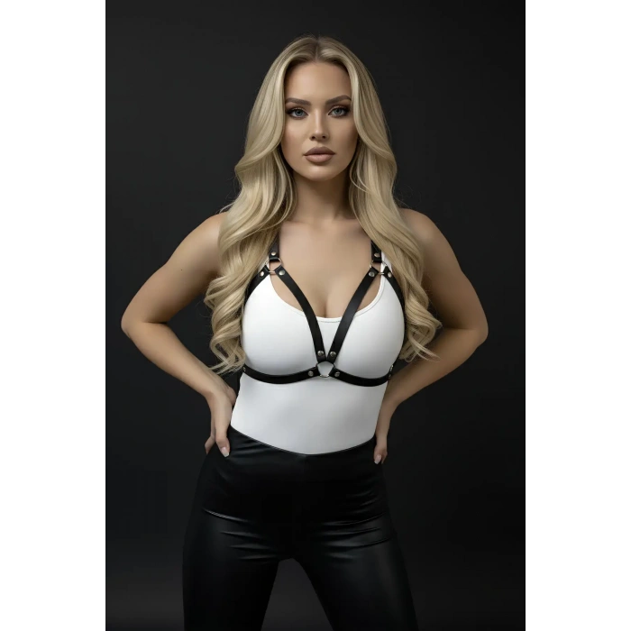 Siyah Göğüs Harness Kadın Suni Deri Metal Halka Detaylı - Brf25