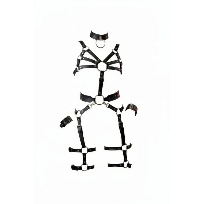 Siyah Harness Takım Deri Halka Detaylı Vücut Seti - Brf1267