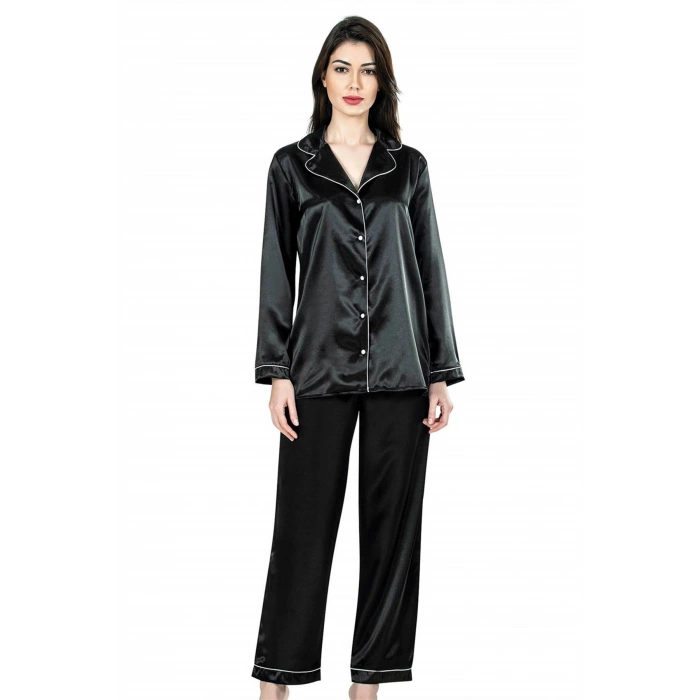 Siyah İkili Saten Gecelik Pijama Takımı 7647