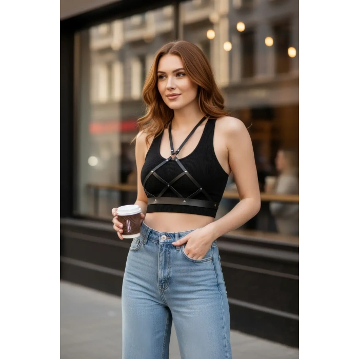 Siyah Kadın Kemer Çapraz Suni Deri Vücut Aksesuarı - Brf187