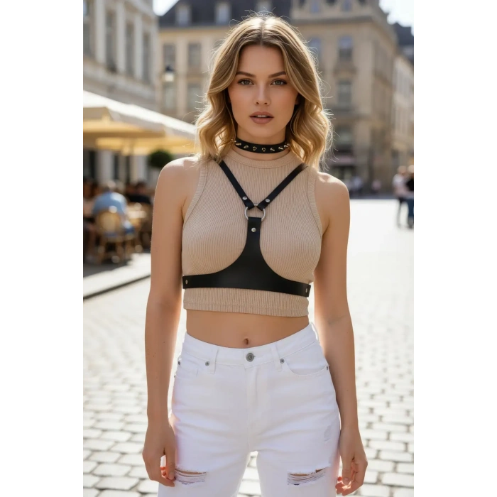 Siyah Kadın Kemer Deri Göğüs Üstü Vücut Aksesuarı - Brf1299