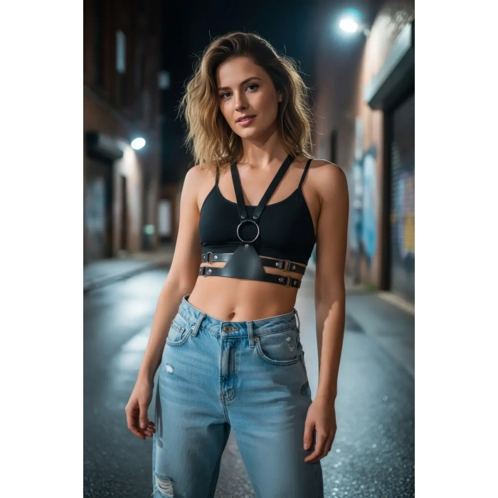 Siyah Kadın Kemer Deri O Halka Detaylı Harness - Brf20