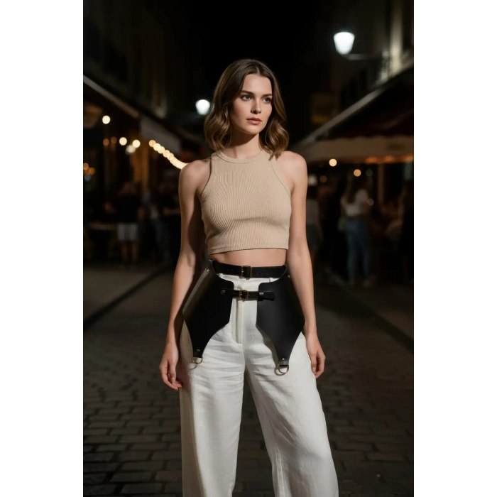 Siyah Kadın Kemer Geniş Panelli Çift Tokalı Bel Aksesuarı - Brf1119