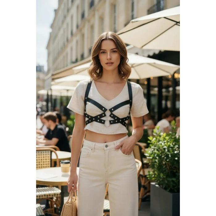 Siyah Kadın Kemer Metal Halkalı Çapraz Göğüs Aksesuarı - Brf1182