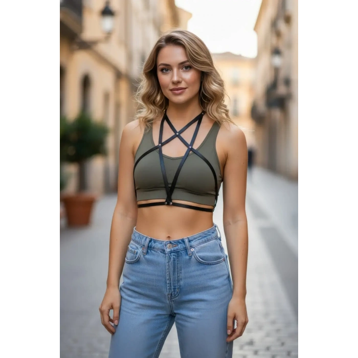 Siyah Kadın Kemer Suni Deri Çapraz Göğüs Detaylı - Brf180