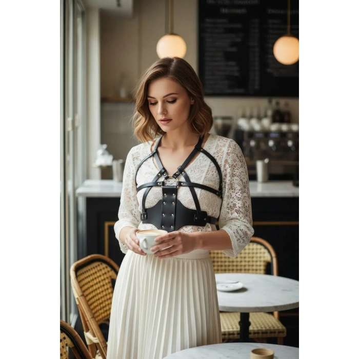 Siyah Kadın Kemer Suni Deri Zımbalı Vücut Aksesuarı - Brf1146