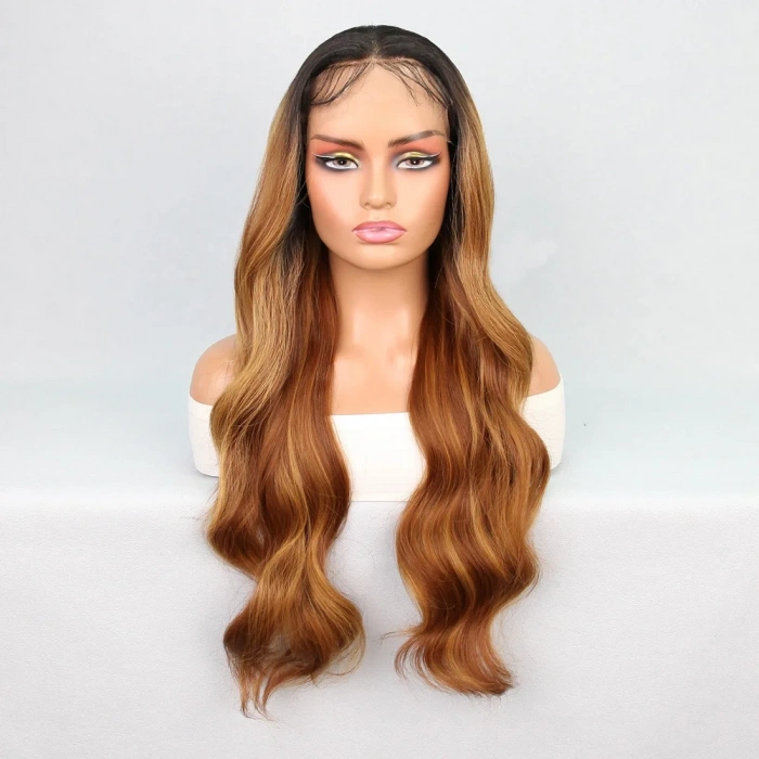 Siyah Karamel Balköpüğü Ombre Fiber Sentetik Geniş Dalgalı Tül Peruk