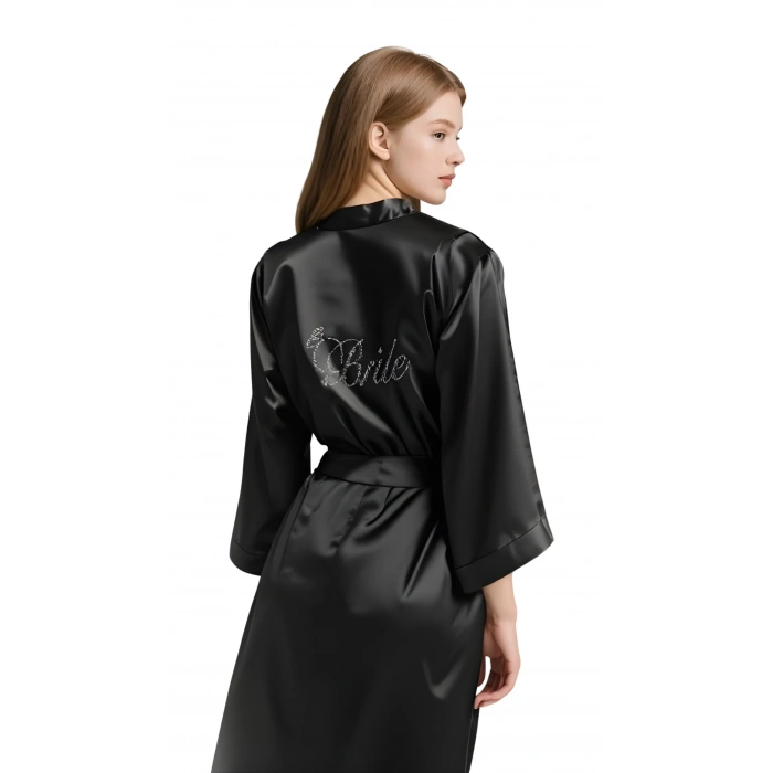 Siyah Saten Bride Sabahlık Zarif Kadın Ev Giyim