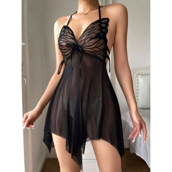 Siyah Tül Kelebek Detaylı Gecelik Kadın İç Giyim