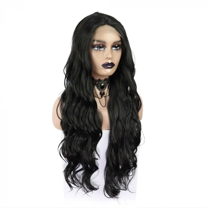 Siyah Uzun Dalgalı  Fiber Sentetik Tül Peruk