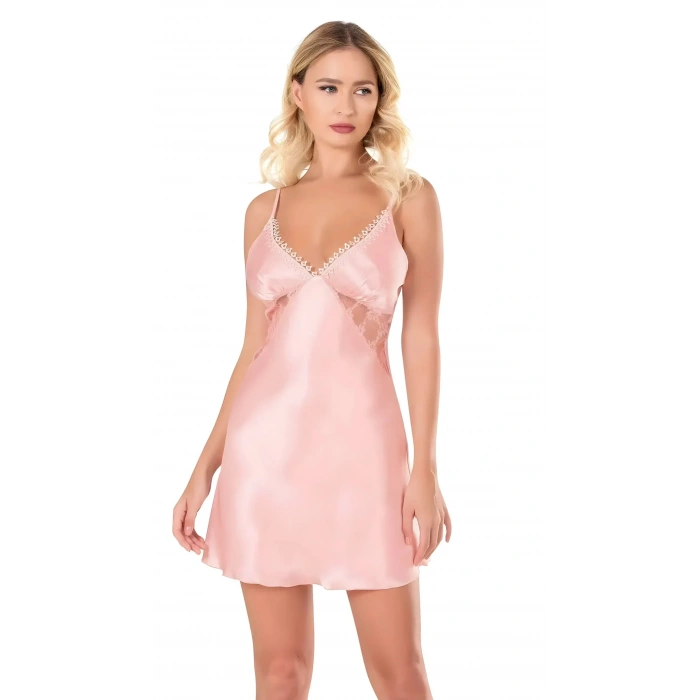 Somon Saten Mini Gecelik Zarif Kadın Gece Elbisesi