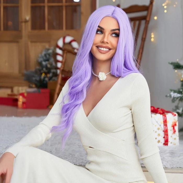 Su Dalgalı Açık Mor Tül Peruk