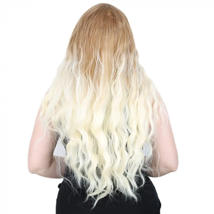 Su Dalgası Uzun Perçemsiz Fiber Sentetik Peruk - Balköpüğü / Platin Orta Ombreli