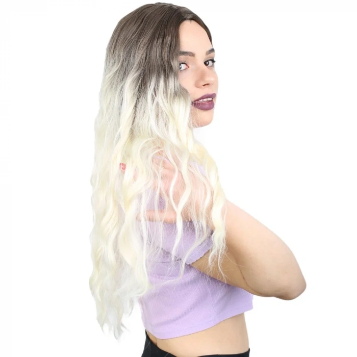 Su Dalgası Uzun Perçemsiz Fiber Sentetik Peruk - Küllü Açık Kahve / Platin Ombreli