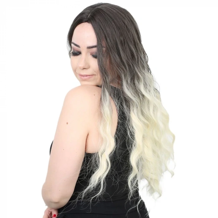 Su Dalgası Uzun Perçemsiz Fiber Sentetik Peruk - Küllü Siyah / Platin Ombreli