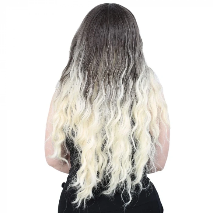 Su Dalgası Uzun Perçemsiz Fiber Sentetik Peruk - Küllü Siyah / Platin Ombreli