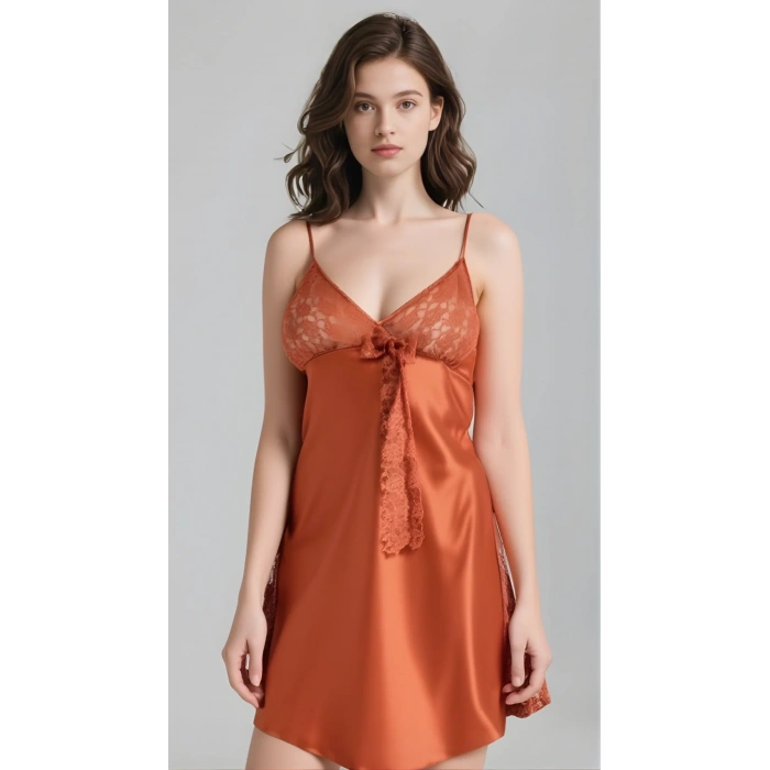 Tarçın Saten Gecelik Zarif Kadın Gece Elbisesi