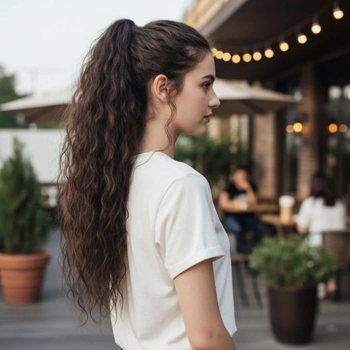 Tokalı Kabarık Dalgalı At Kuyruğu - Açık Kahve