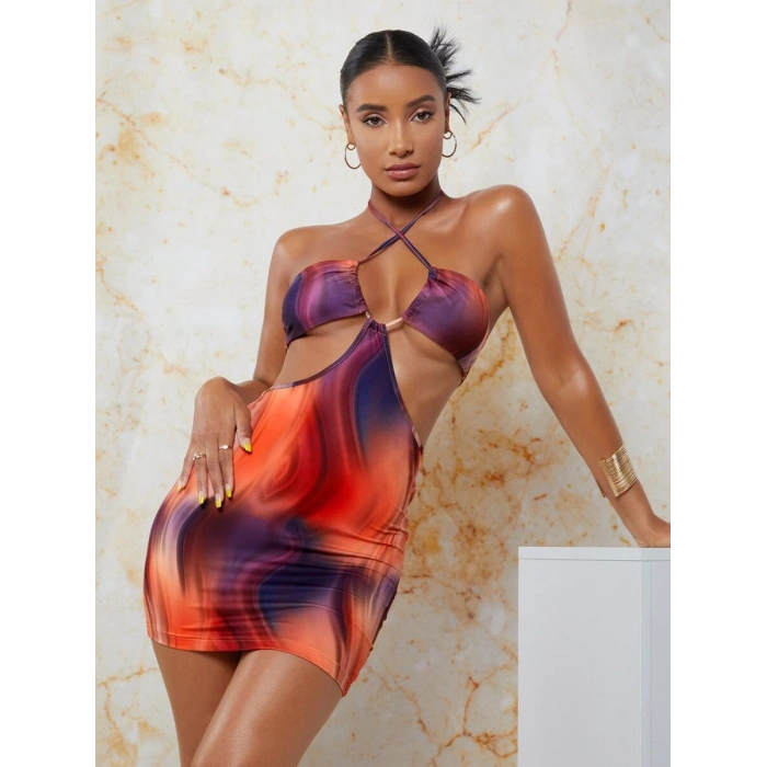 Transparan Detaylı Omuz Dekolteli Mini Fantezi Elbise