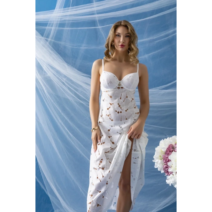 UZUN GECELİK ELBİSE, SLİP KÜLOT TAKIM EKRU (MGP32291)