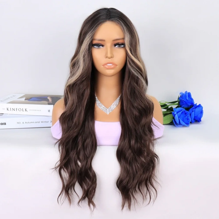 Uzun Kumral Balköpüğü Işıltılı Su Dalgalı Tül Peruk