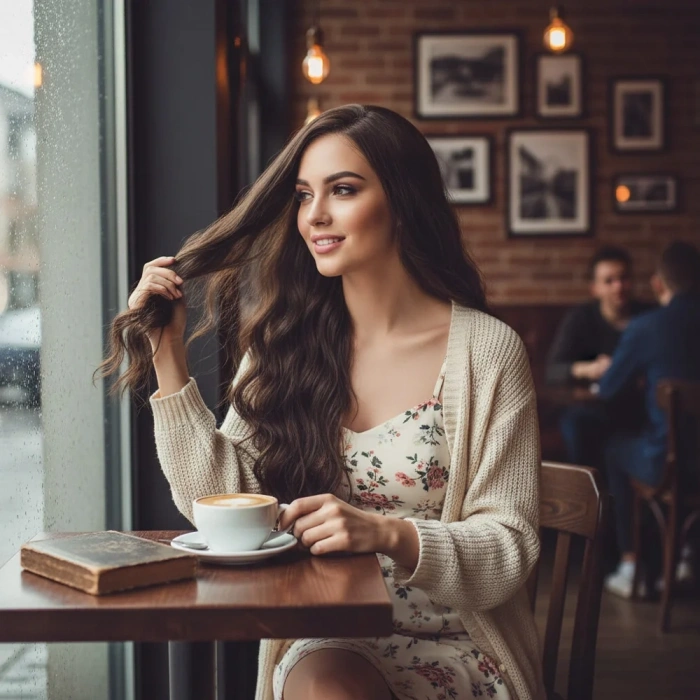 Uzun Su Dalgası Fiber Sentetik Peruk - Koyu Kumral