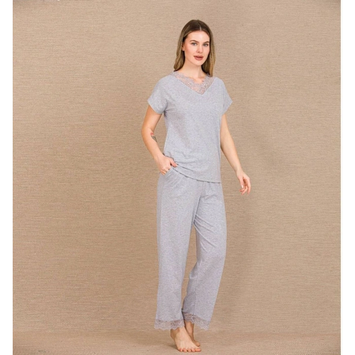 Viskon Şık Tasarım Dantel İşlemeli Gri Kısa Kol Pijama Takımı