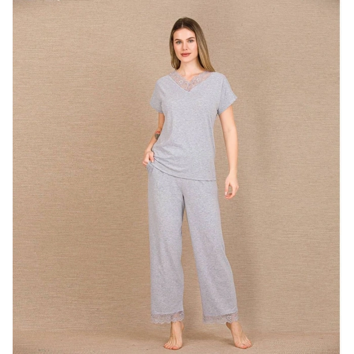 Viskon Şık Tasarım Dantel İşlemeli Gri Kısa Kol Pijama Takımı
