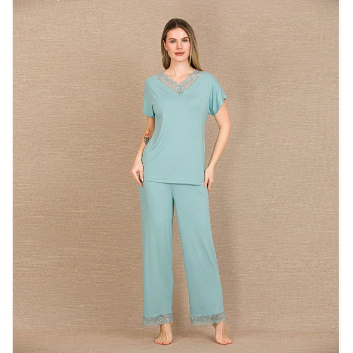 Viskon Şık Tasarım Dantel İşlemeli Mint Yeşil Kısa Kol Pijama Takımı