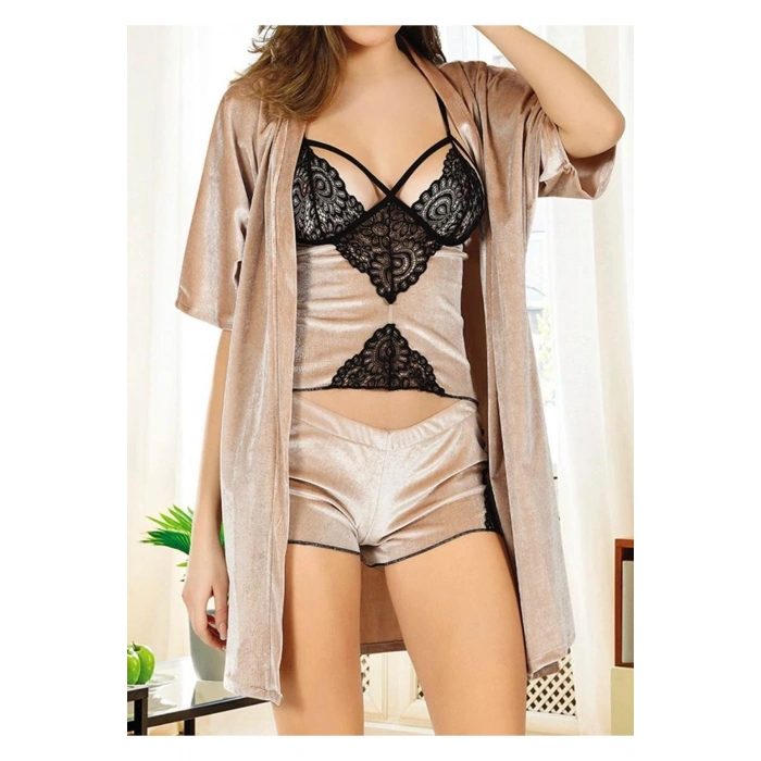 Vizon Kadife Dantelli Sabahlık & Gecelik Takım 3 Lü - 1398