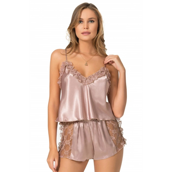 Vizon Saten Babydoll Şort Takımı Zarif Kadın Gece Giyim