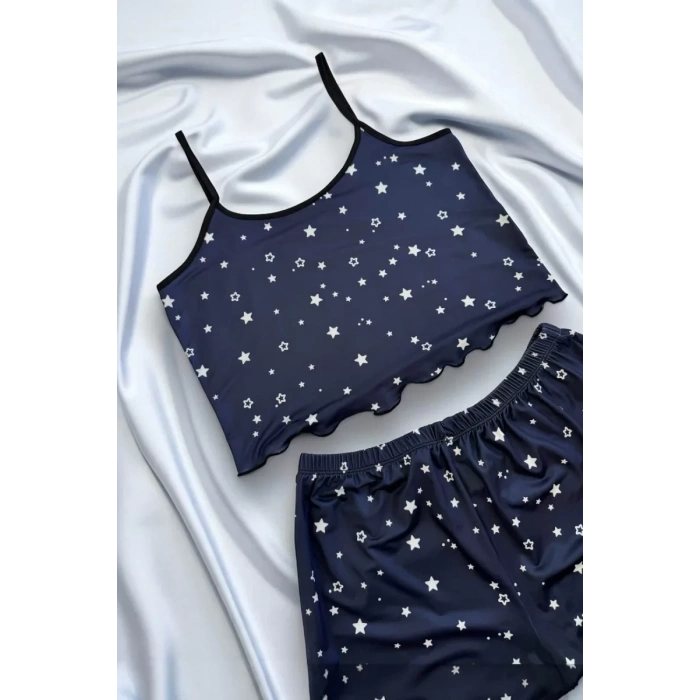 Yıldız Desenli Lacivert Şortlu Pijama Takımı