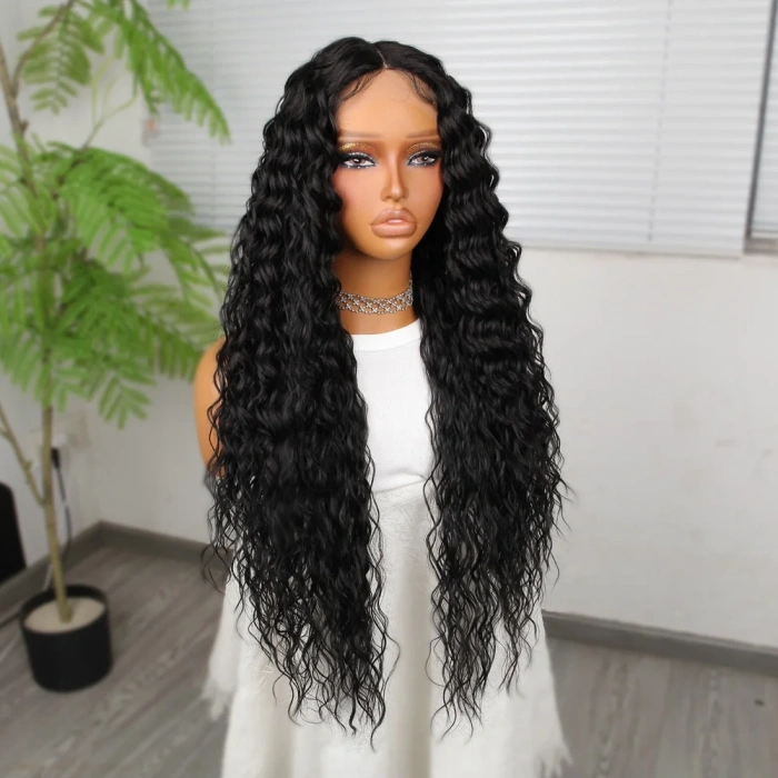 Yoğun Dalga Siyah Fiber Sentetik Geniş T Tül Peruk