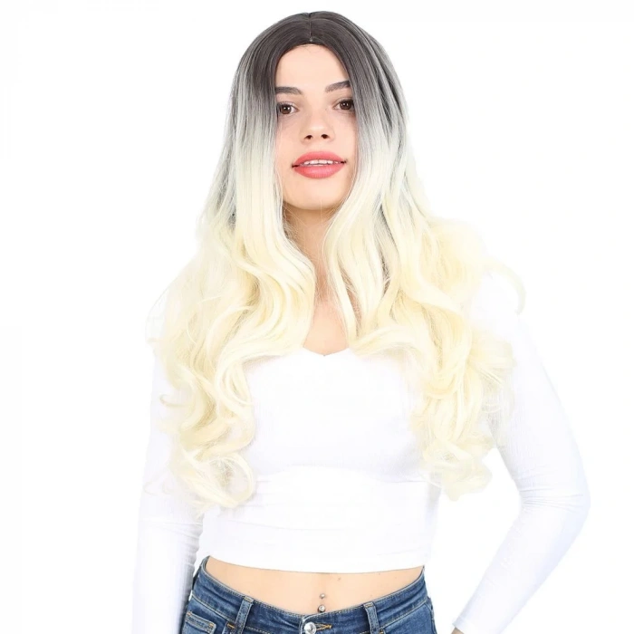 Yoğun Dalgalı Fiber Sentetik Uzun Perçemsiz Peruk - Küllü Siyah / Platin Ombreli