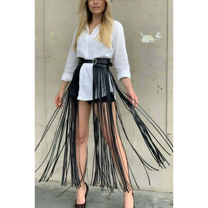 Yüksek Bel Şık Deri Püsküllü Seksi Etek - APFT1003