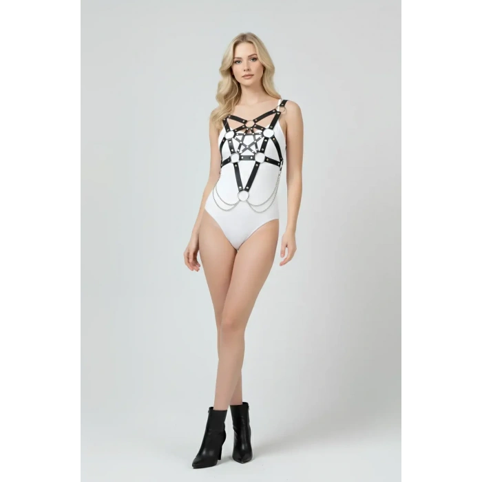 Zincir Detaylı Şık Deri Göğüs Harness, Büstiyer Harness, Deri Göğüs Harness- APFT1399