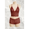Bordo Dantel Bralet Şort Takımı Askılı Şık Kadın Ev Giyim