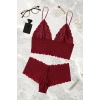 Bordo Dantel Bralet Şort Takımı Askılı Şık Kadın Ev Giyim