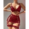 Bordo Transparan Dantel İşlemeli İp Detaylı Fantezi Takım