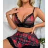 Fantezi Seksi Dantelli Ekose Sütyen Mini Etek Takım