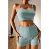 Kadın Açık Mavi Kaşkorse Şortlu Crop Atlet Takım Esnek Kumaş Yüksek Bel