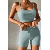 Kadın Açık Mavi Kaşkorse Şortlu Crop Atlet Takım Esnek Kumaş Yüksek Bel