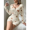 Kadın Bej Ayıcık Desenli Pijama Tulumu 5123